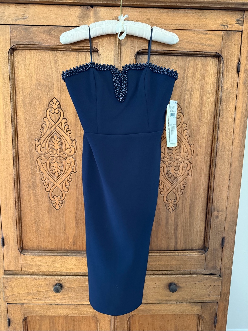 NWT Adrianna Papell Navy Beaded Strapless Knee length Sheath Dress